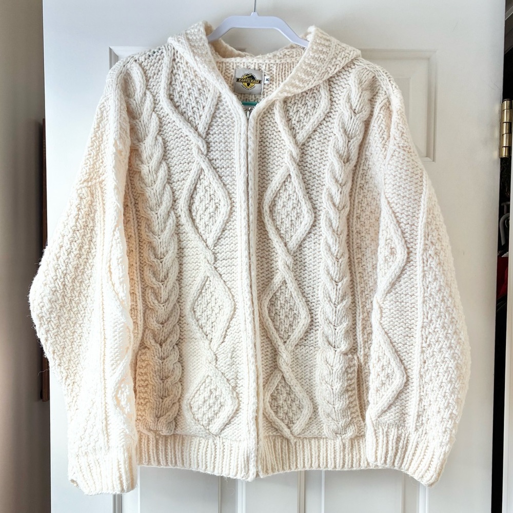 Earth Ragz Women’s Fishermen Cable Knit Hooded Cardigan Chunky Cream Size M
